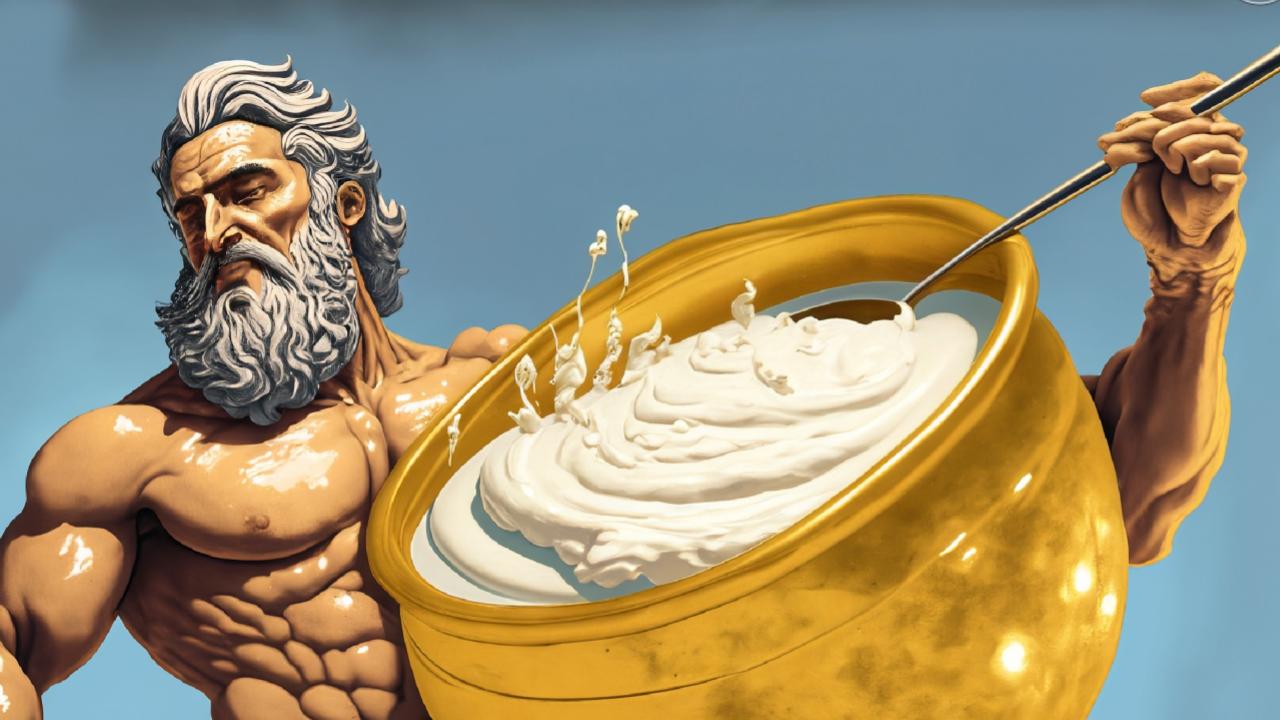 Zeus prepara la salsa tzaziki nel tradizionale modo greco. Immaginie generata con Adobe Firefly