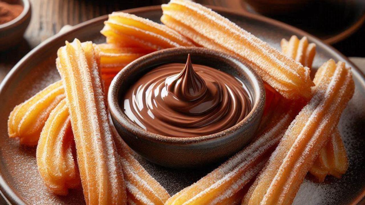 piatto di churros croccanti e fritti con coppetta di crema alla nocciola e abbondante spolverata di zucchero a velo con cannella. Generata con Copilot e Dall-E 3